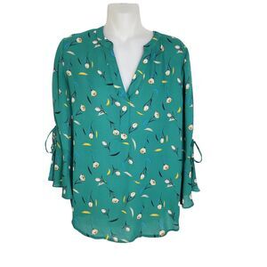 41 Hawthorn Womens Blouse Small Trina Bell Tie 3/4 Sleeve Green Floral V Neck